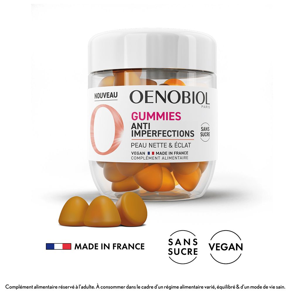 OENOBIOL GUMMIES Anti-imperfections - Peau nette, Anti-imperfections - Programme 1 mois 60 Gummies - Arôme naturel ananas mangue - Complément Alimentaire - Sans Sucre - Vegan - Made in France