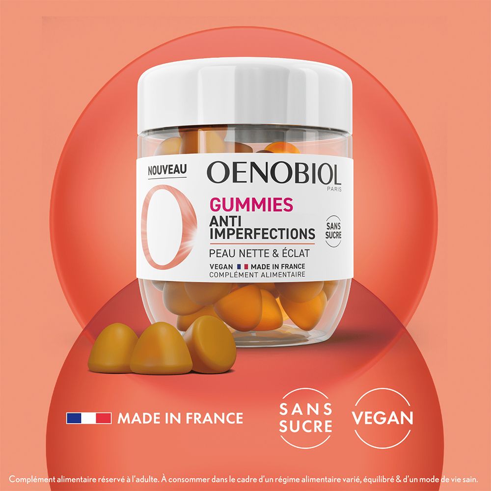 OENOBIOL GUMMIES Anti-imperfections - Peau nette, Anti-imperfections - Programme 1 mois 60 Gummies - Arôme naturel ananas mangue - Complément Alimentaire - Sans Sucre - Vegan - Made in France