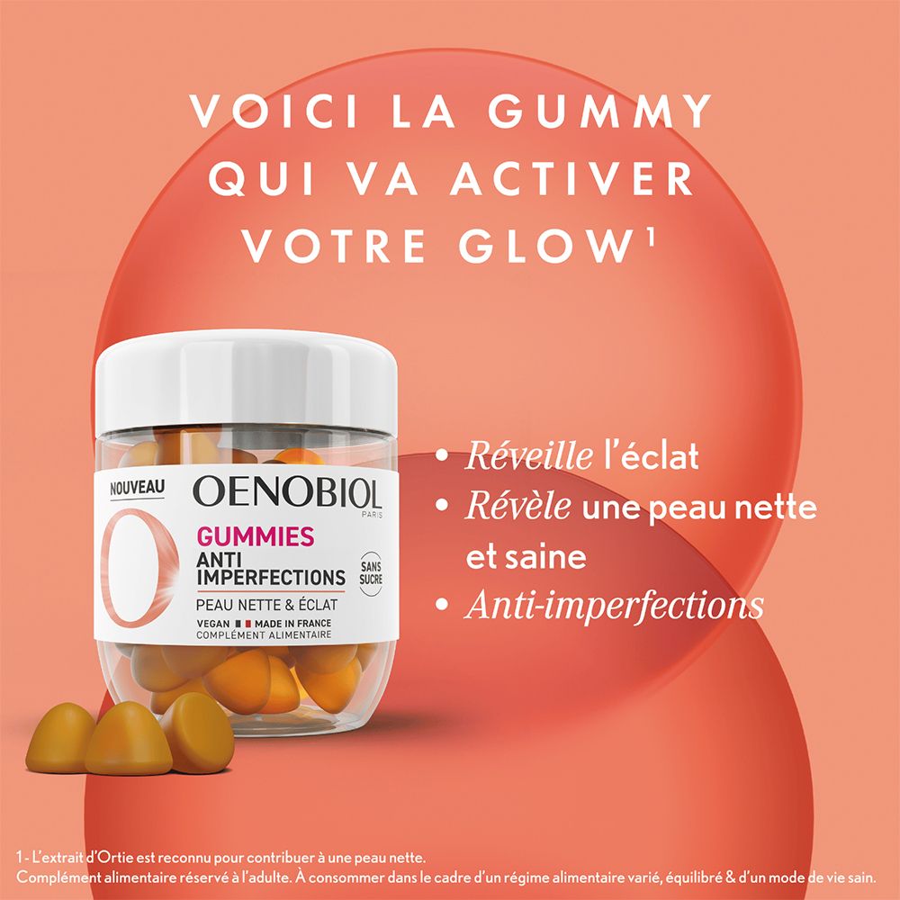 OENOBIOL GUMMIES Anti-imperfections - Peau nette, Anti-imperfections - Programme 1 mois 60 Gummies - Arôme naturel ananas mangue - Complément Alimentaire - Sans Sucre - Vegan - Made in France