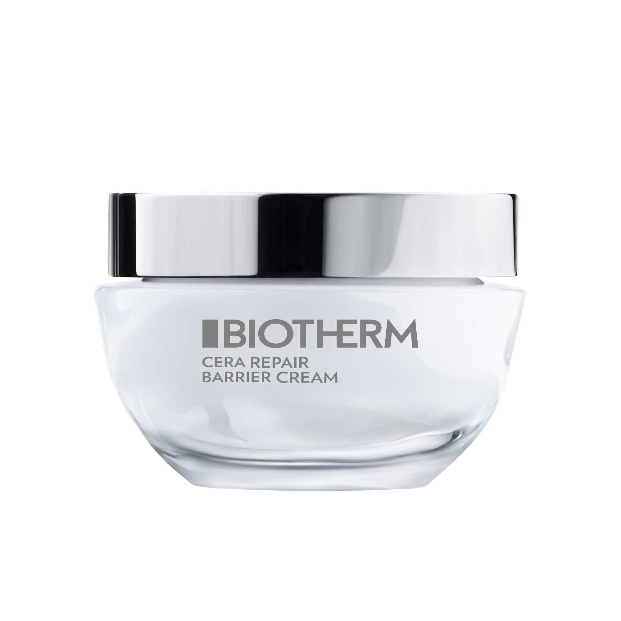 Pot blanc avec couvercle argenté. Inscription : BIOTHERM Cera Repair Barrier Cream.
