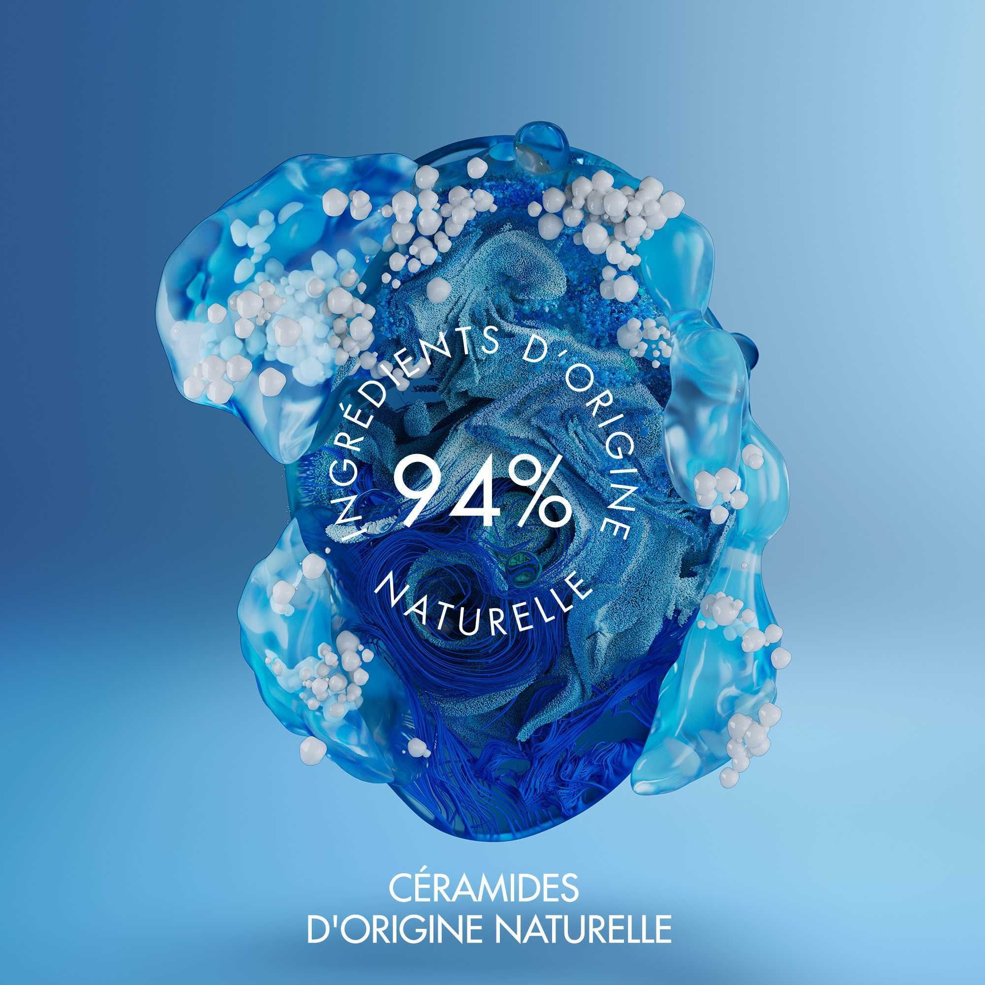 Fond bleu avec éléments blancs et texte : 94% NATUREL. Cera Repair.