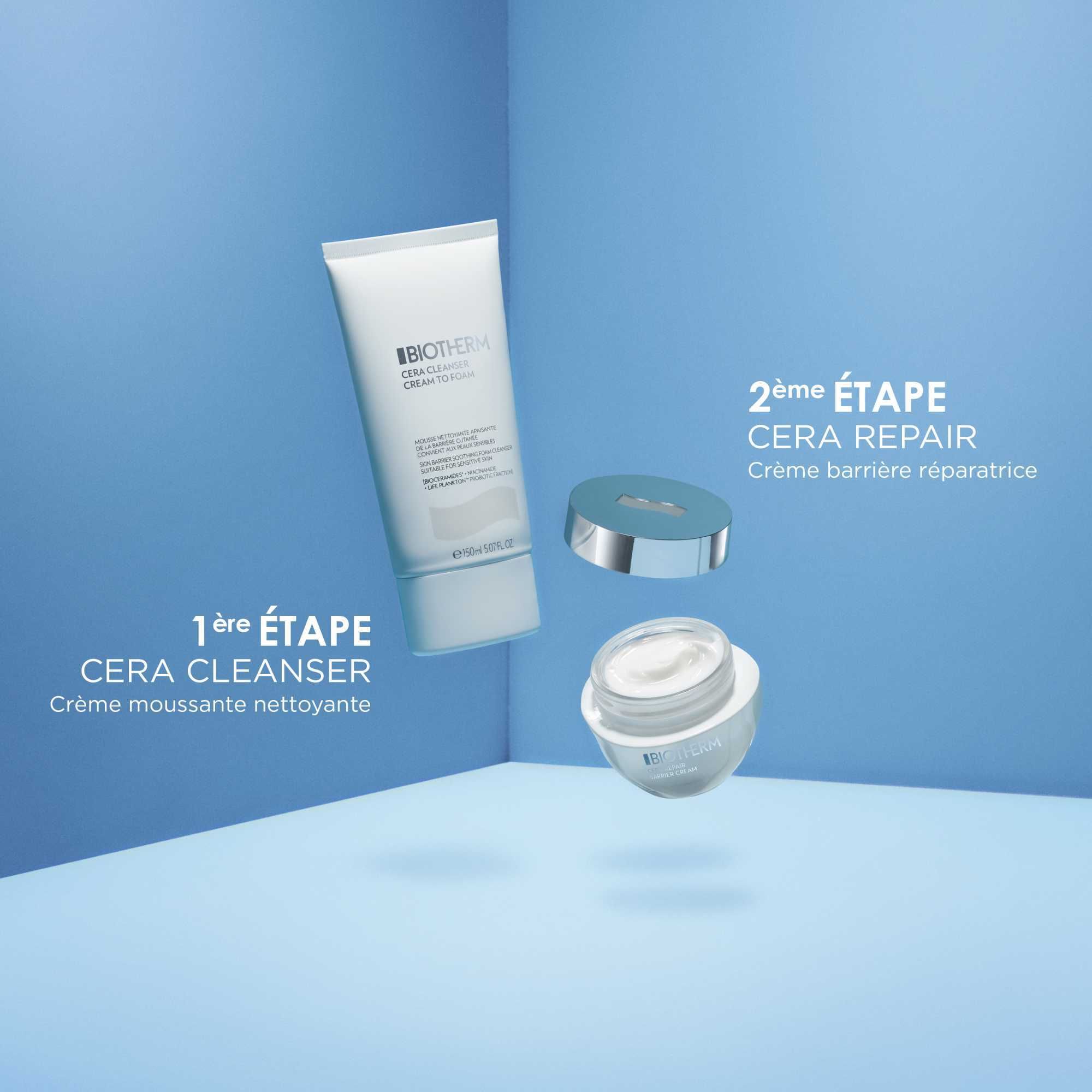 Tube et pot de produit avec couvercle. Texte : Cera Repair Cleanser et Cera Repair.