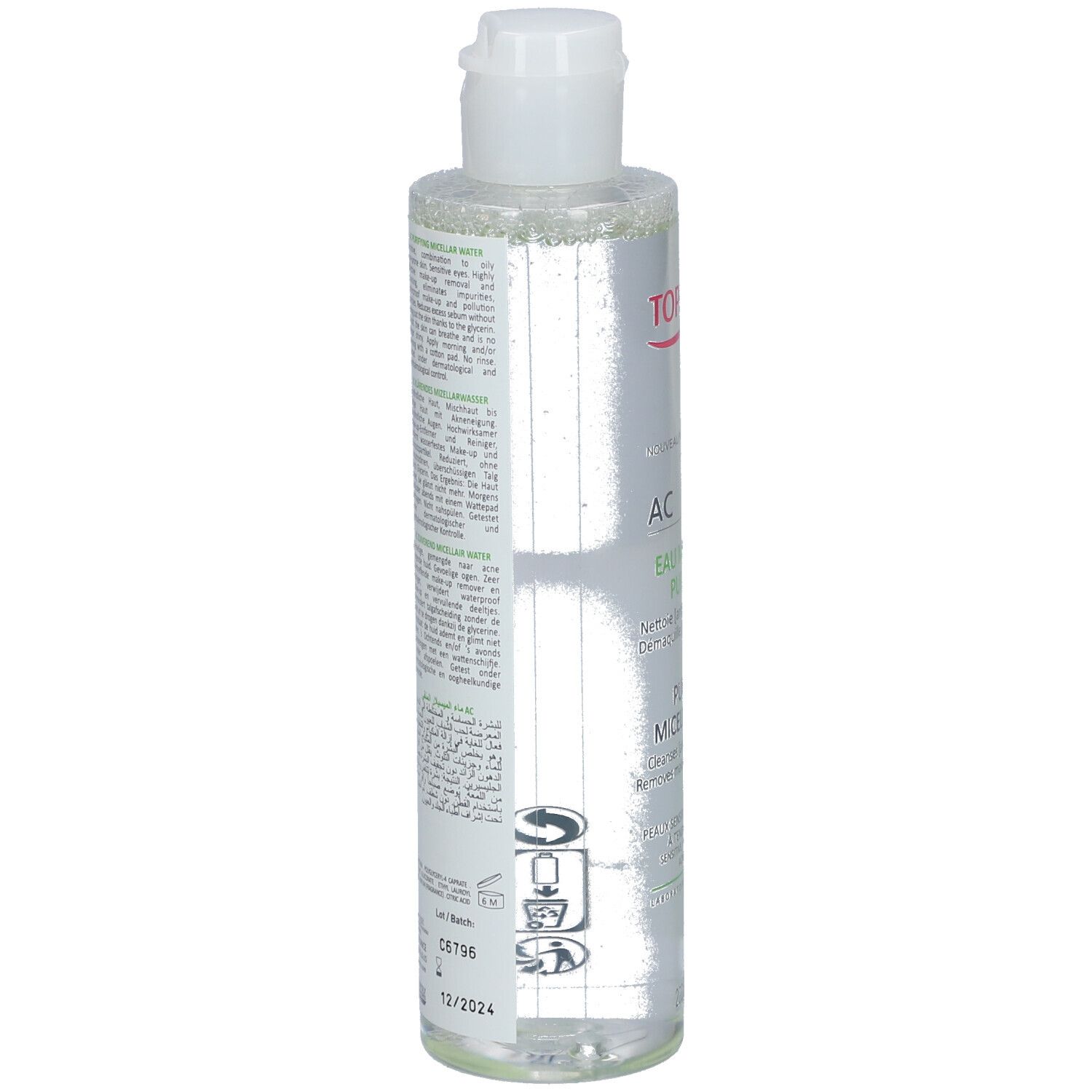 Flacon transparent avec bouchon blanc. Inscription: TOPICREM AC Eau Micellaire Purifiante. Dos avec texte et symboles.