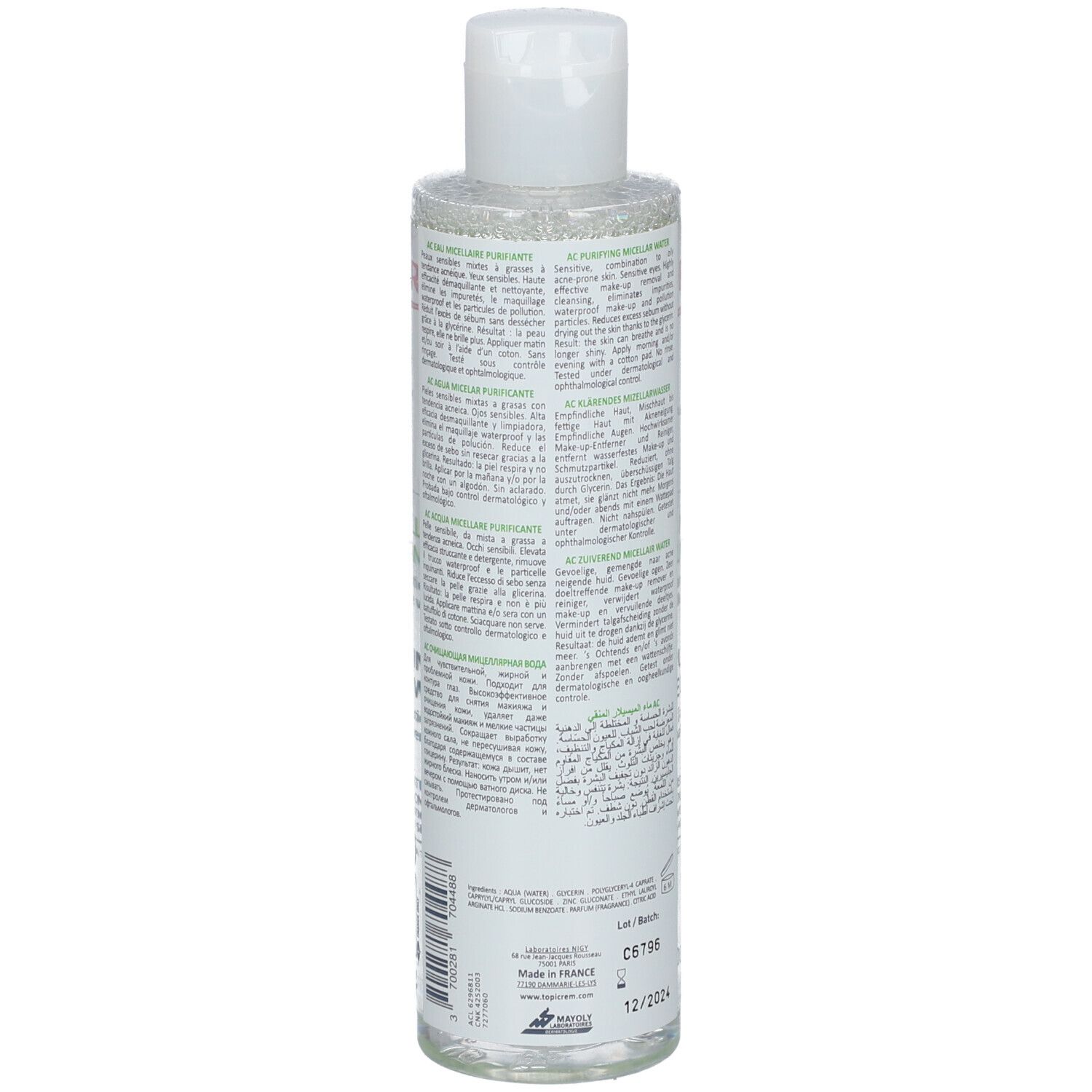 Flacon transparent avec bouchon blanc. Dos avec texte. Inscription: TOPICREM AC Eau Micellaire Purifiante. Avec date de production et de péremption.