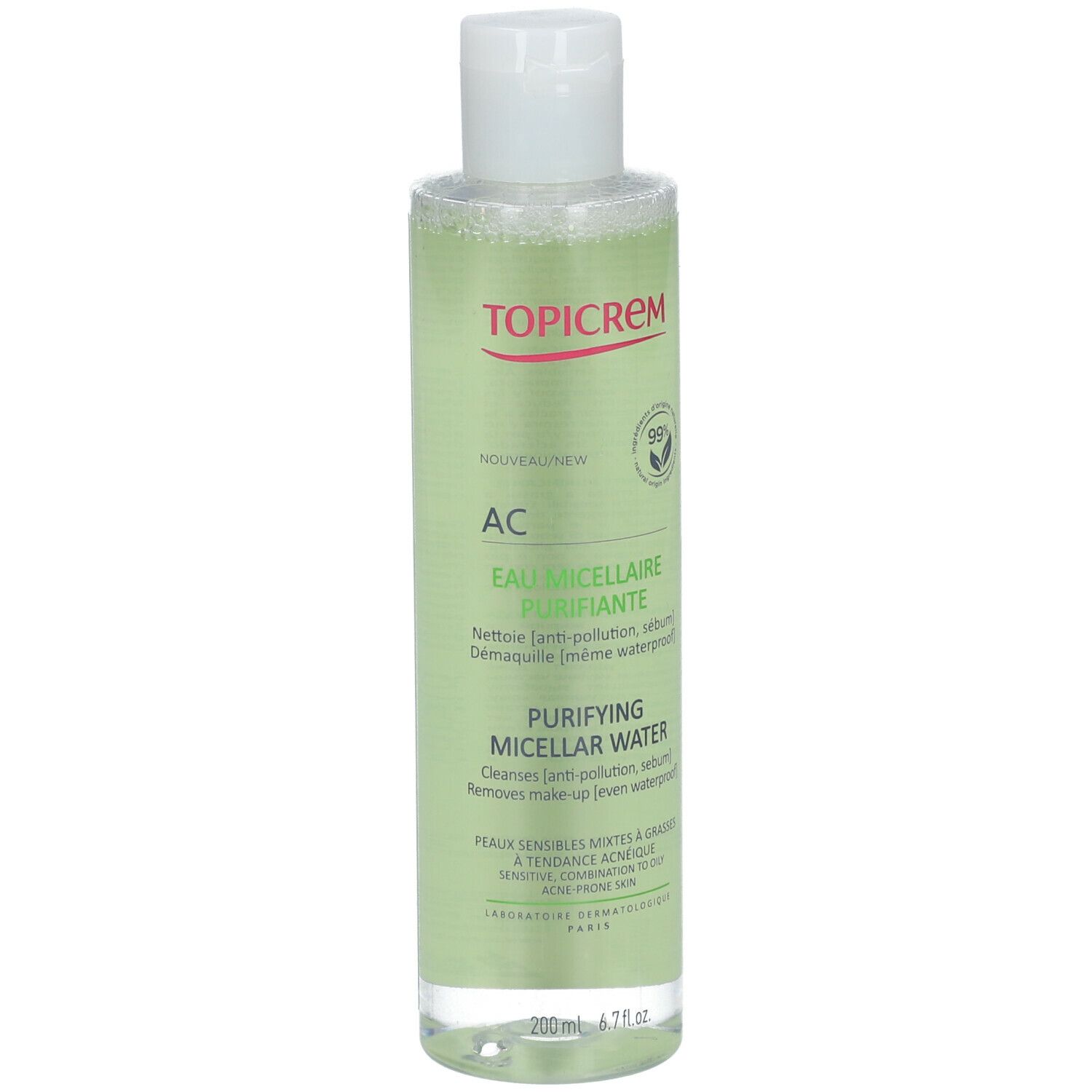 Flacon transparent avec bouchon blanc. Dos avec texte. Inscription: TOPICREM AC Eau Micellaire Purifiante. Avec symboles.