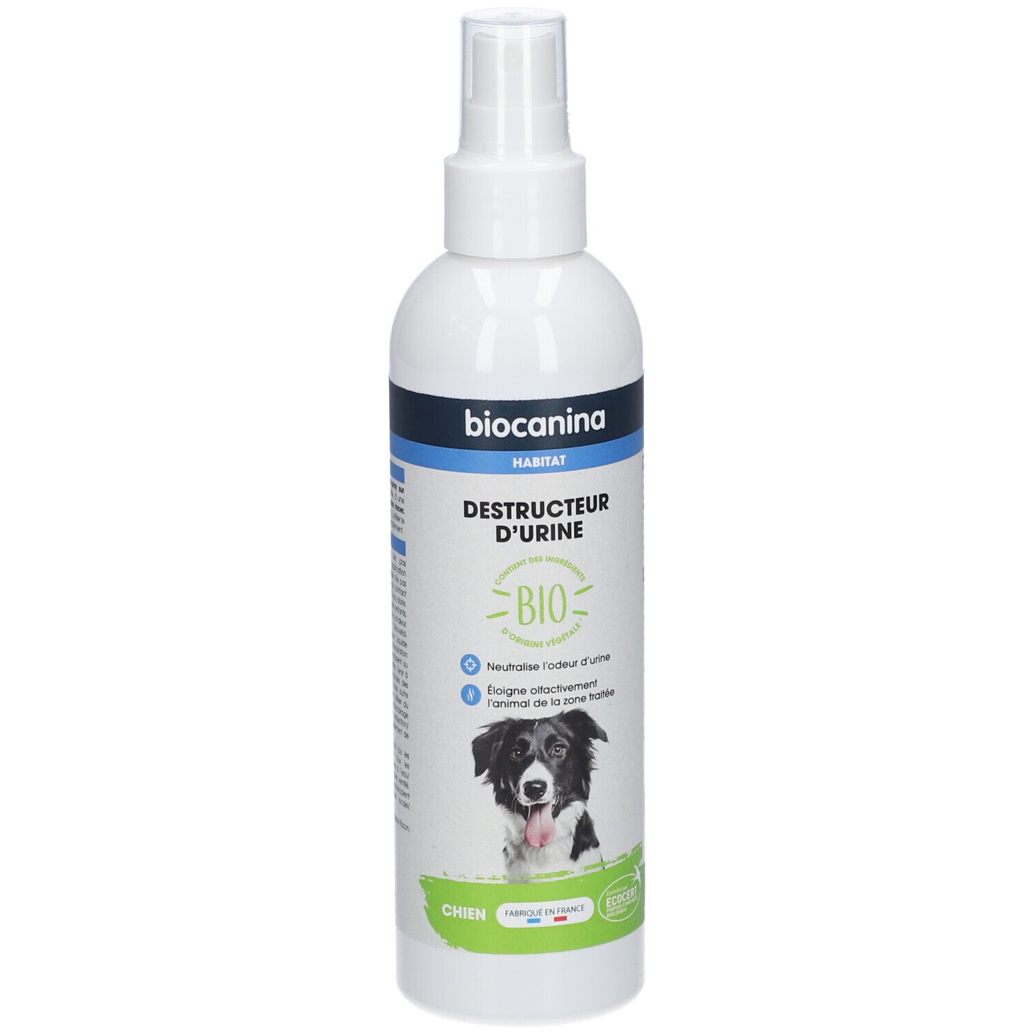 Flacon spray blanc avec étiquette bleue. Inscription: biocinana, Destructeur d'urine, BIO. Image d'un chien. Inscriptions en français.