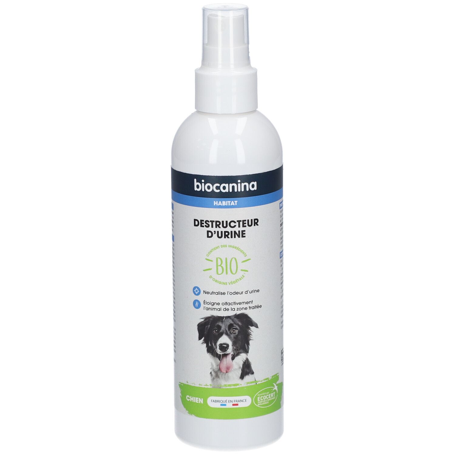 Flacon spray blanc avec étiquette bleue. Inscription: biocinana, Destructeur d'urine, BIO. Image d'un chien. Inscriptions en français.