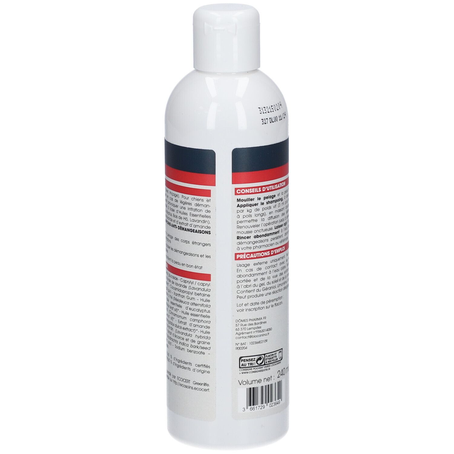 Dos du flacon de shampooing blanc. Texte: conseils d'utilisation, précautions. Volume: 240 ml.