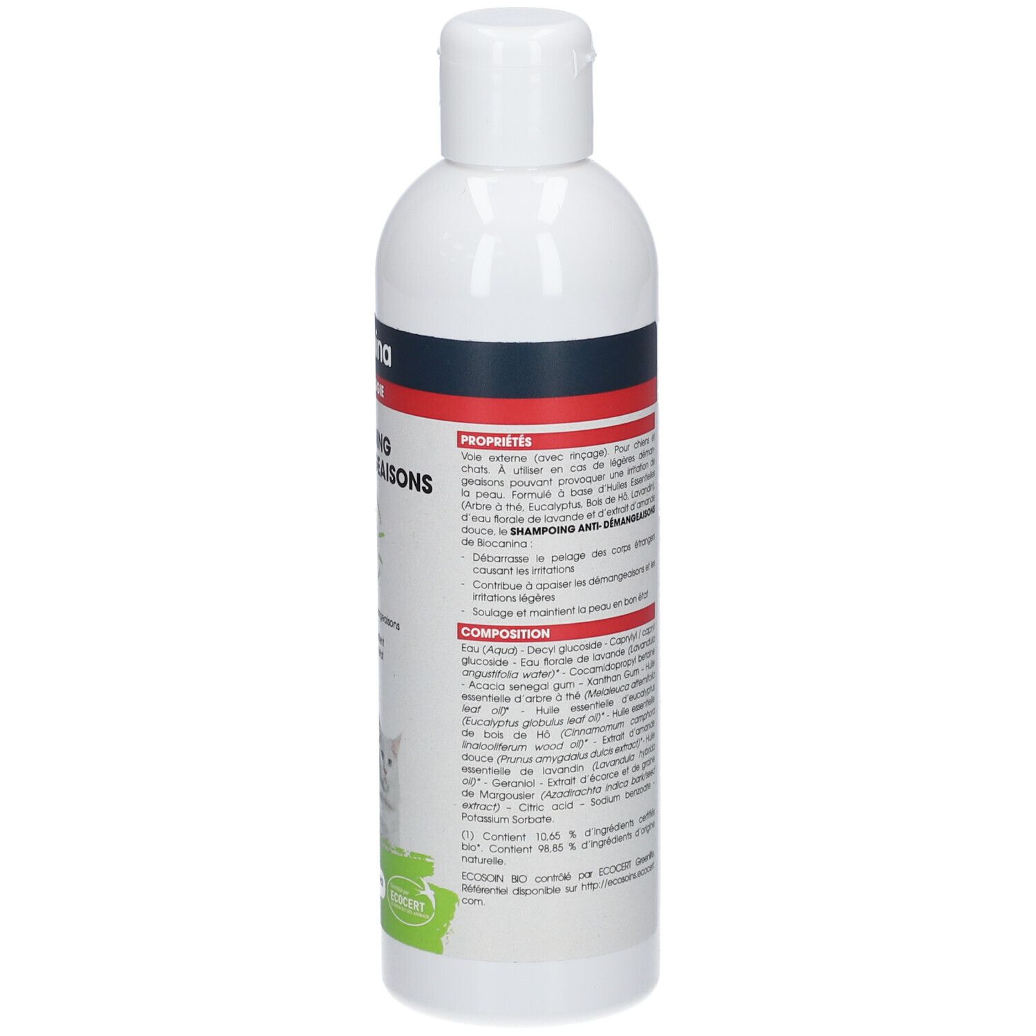 Dos du flacon de shampooing blanc. Texte: propriétés, composition. Certification écologique.