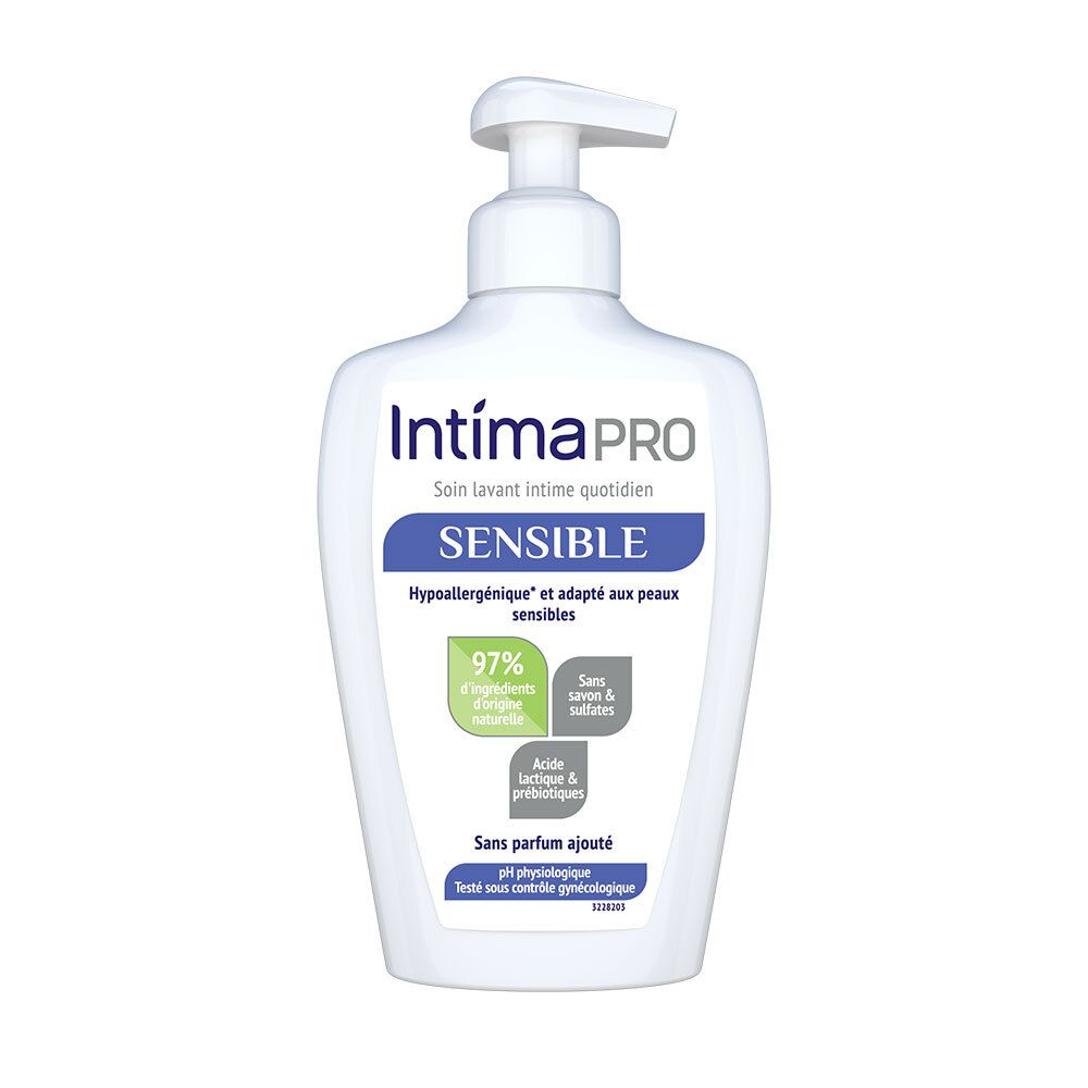 Flacon blanc avec pompe. Inscription: IntimaPRO SENSIBLE. Contient 97% d'ingrédients d'origine naturelle. Sans savon et sulfates.