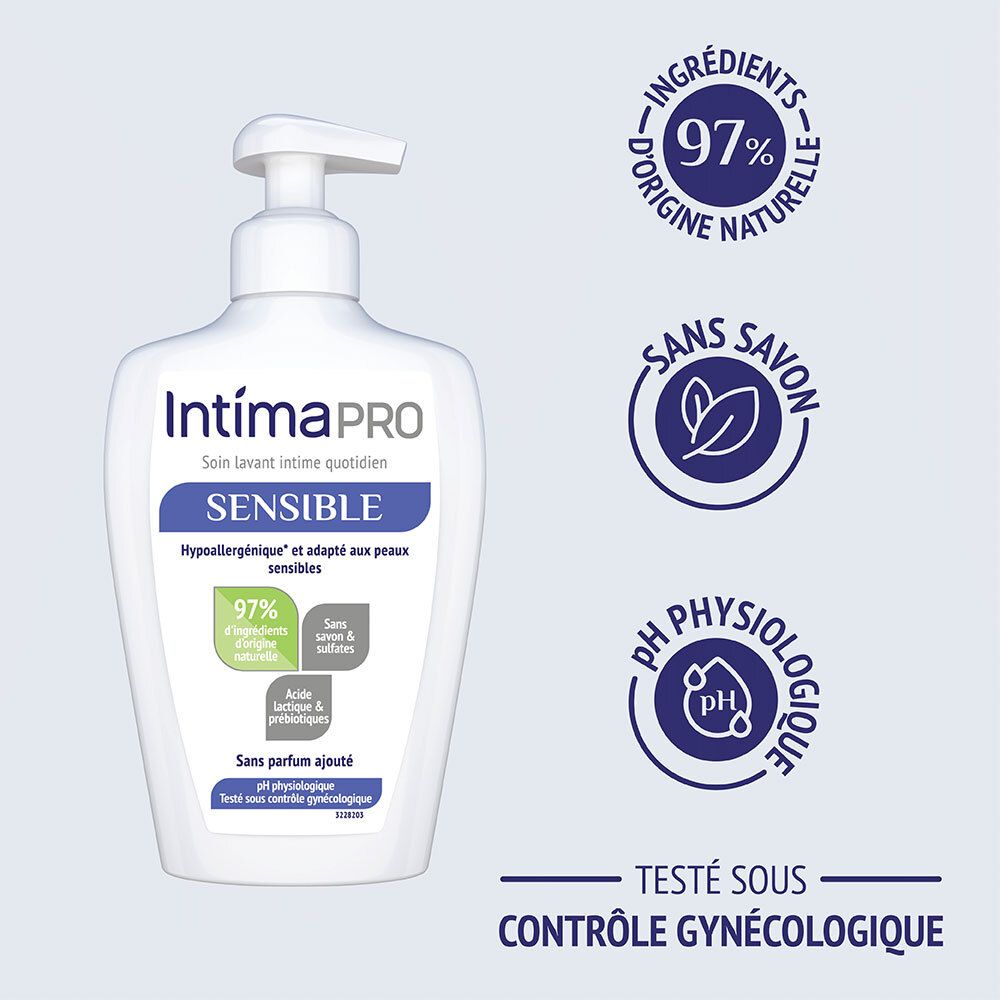 Flacon blanc avec pompe. Logos: 97% ingrédients naturels, sans savon, pH physiologique. Testé sous contrôle gynécologique.