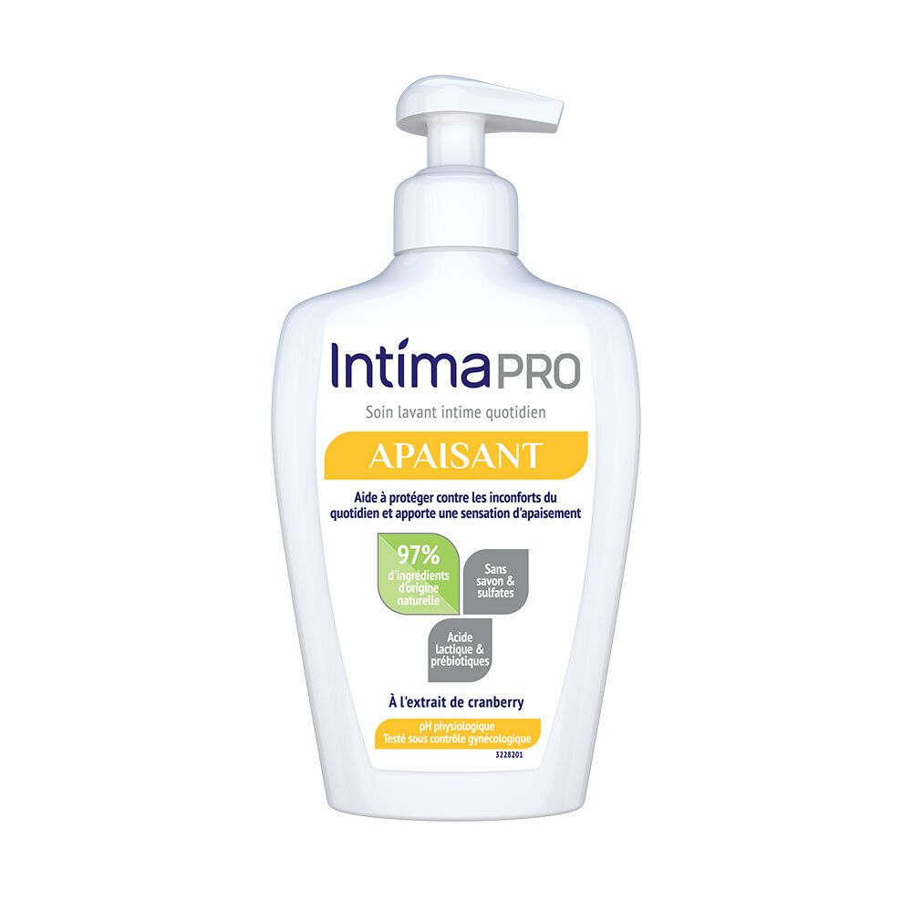 Flacon blanc IntimaPRO APAISANT. Soin lavant intime quotidien. 97% ingrédients naturels. Sans savon et sulfates.