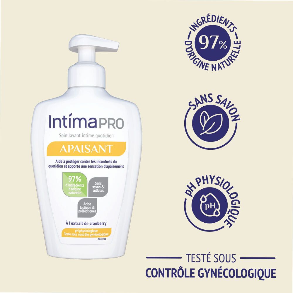 Flacon IntimaPRO avec logos : 97% ingrédients naturels, sans savon, pH physiologique. Testé sous contrôle gynécologique.