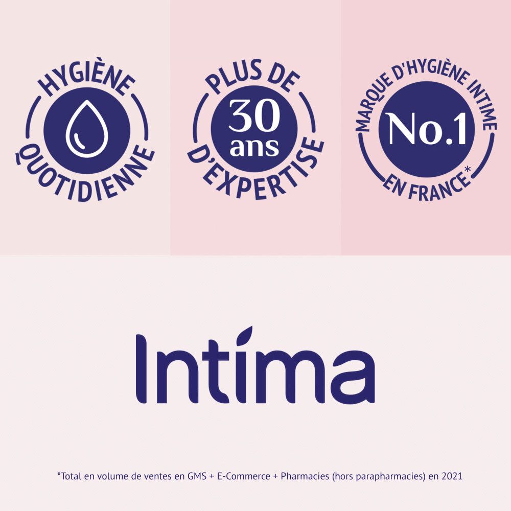 Logos : Hygiène quotidienne, plus de 30 ans d'expertise, marque d'hygiène intime n°1 en France. Logo Intima.