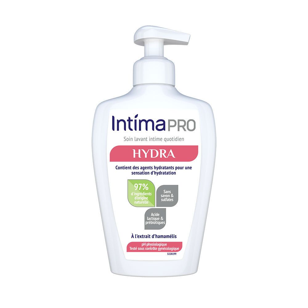 Flacon blanc IntimaPRO HYDRA. Contient agents hydratants, 97% ingrédients naturels, sans savon & sulfates. pH physiologique.