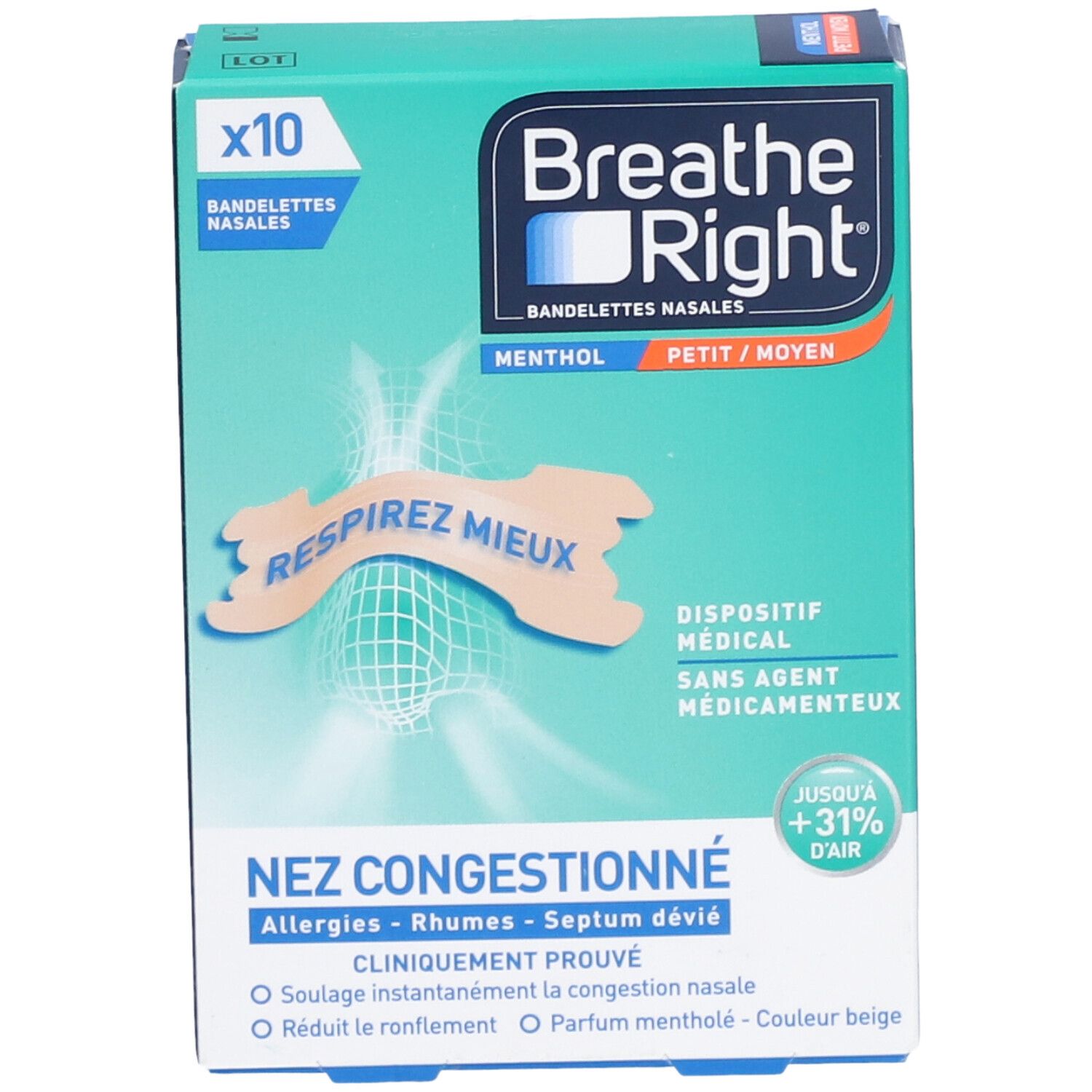 BREATHE RIGHT MENTHOL - Bandelette nasale adhésive, mentholée pour nez congestionné. mediu