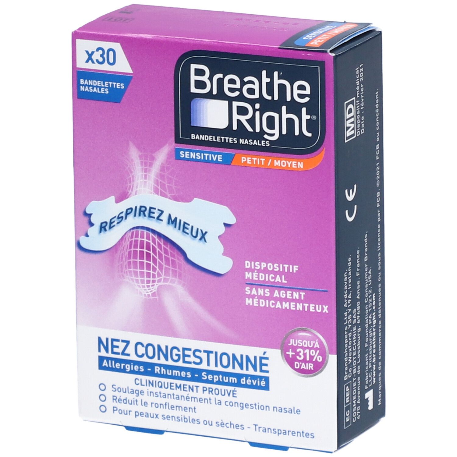 BREATHE RIGHT SENSITIVE - Bandelette nasale adhésive, nez congestionné, peau sèche ou sens