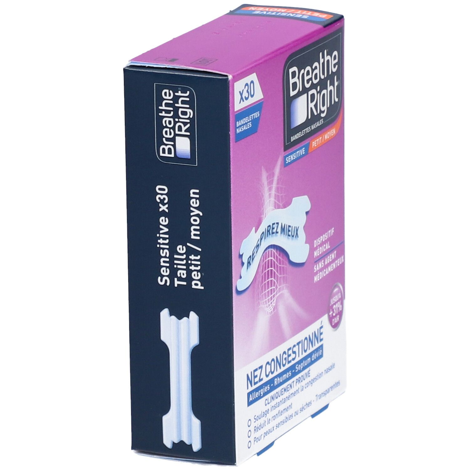 BREATHE RIGHT SENSITIVE - Bandelette nasale adhésive, nez congestionné, peau sèche ou sens