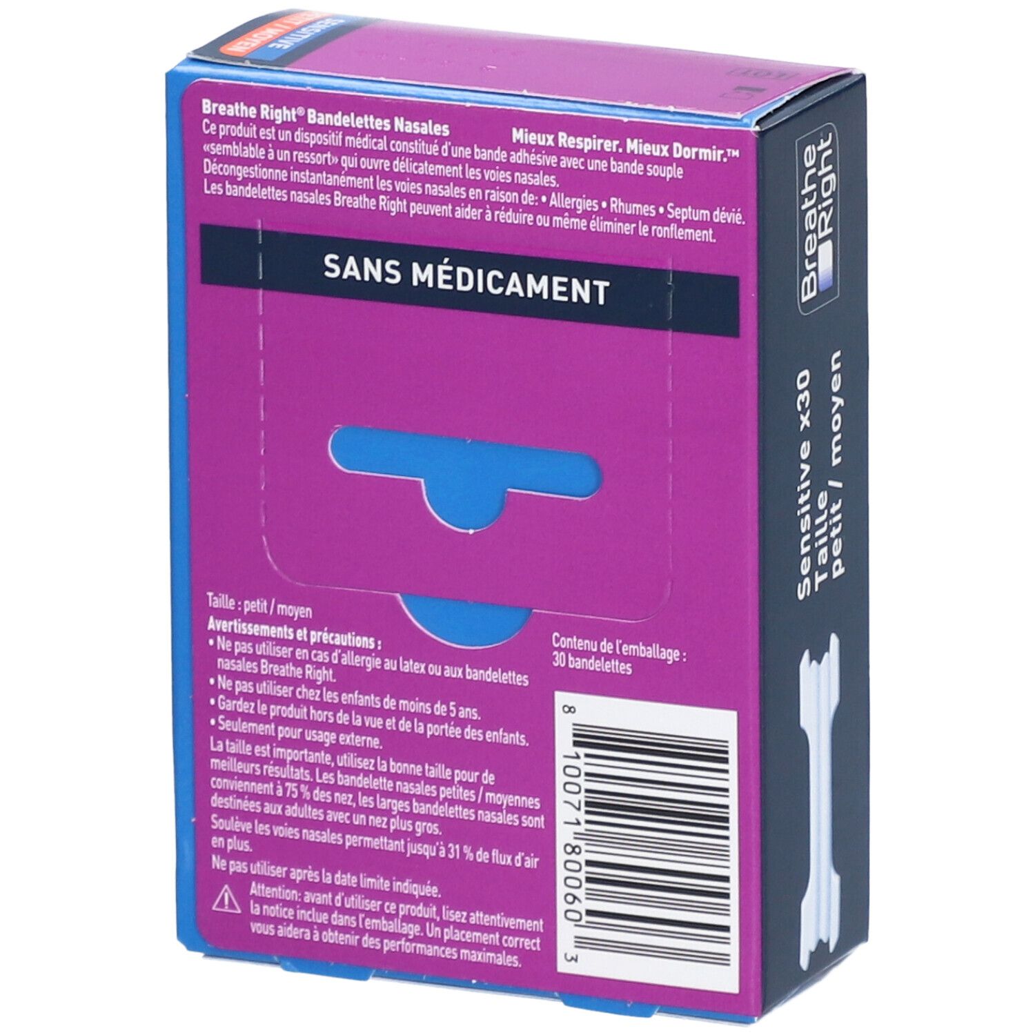 BREATHE RIGHT SENSITIVE - Bandelette nasale adhésive, nez congestionné, peau sèche ou sens