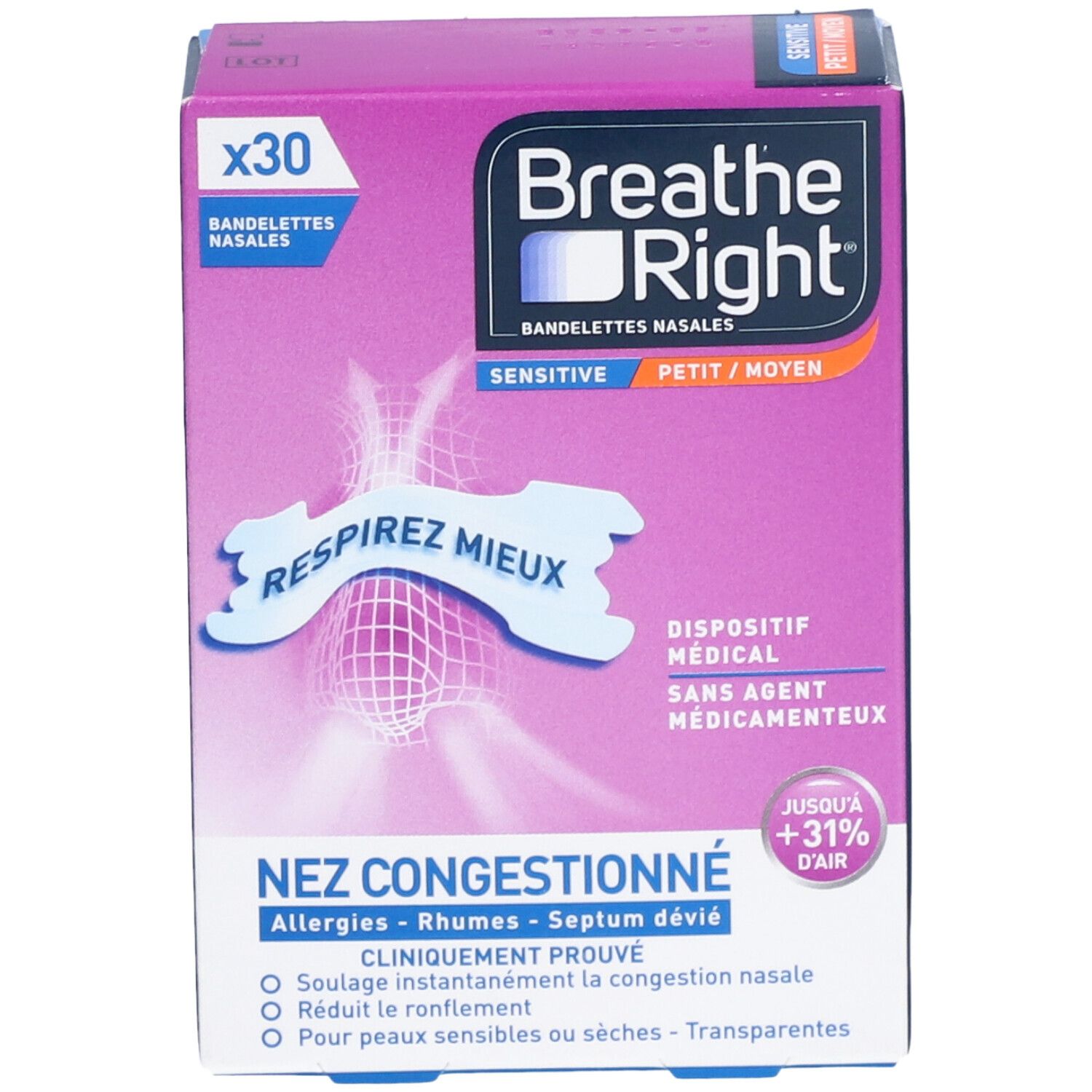 Boîte Breathe Right Sensitive. Contient 30 bandelettes nasales. Inscriptions : Nez Congestionné, Respirer Mieux, Petit/Moyen.