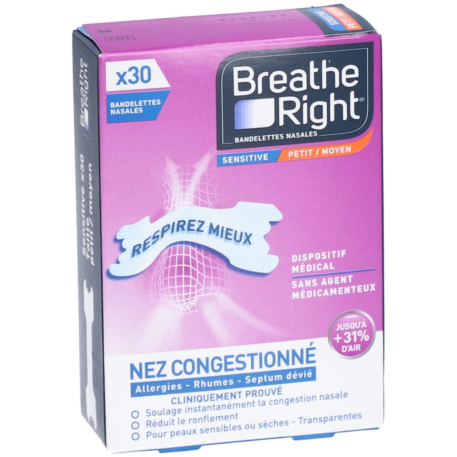 BREATHE RIGHT SENSITIVE - Bandelette nasale adhésive, nez congestionné, peau sèche ou sens