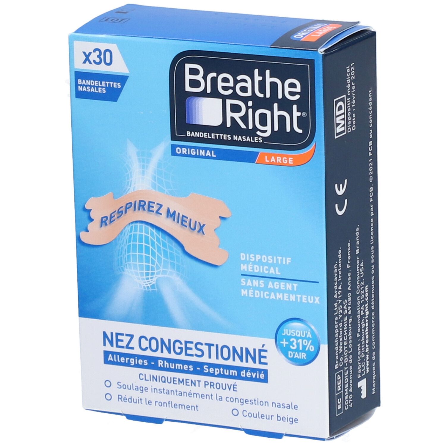 BREATHE RIGHT ORIGINAL - Bandelette nasale adhésive, nez congestionné.  - bt 30