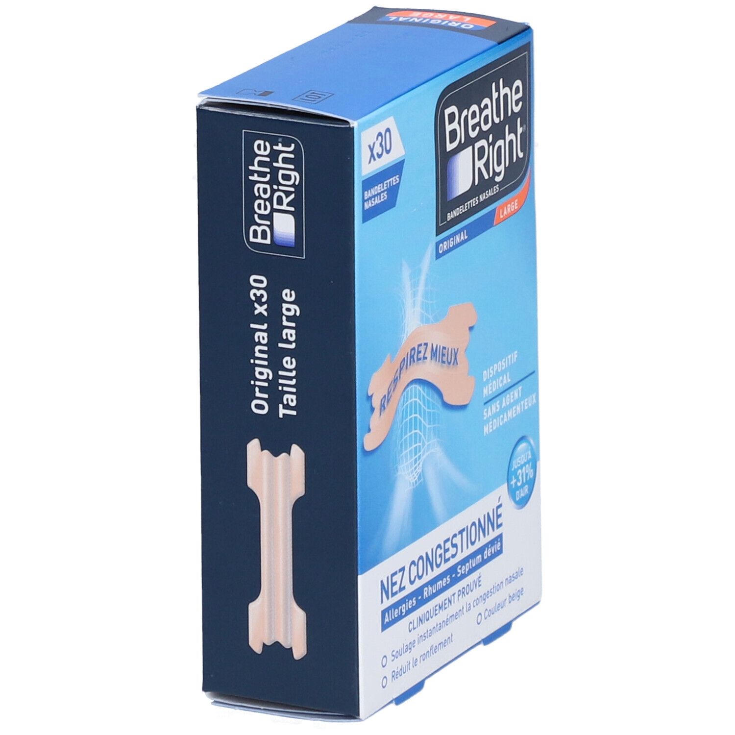 BREATHE RIGHT ORIGINAL - Bandelette nasale adhésive, nez congestionné.  - bt 30