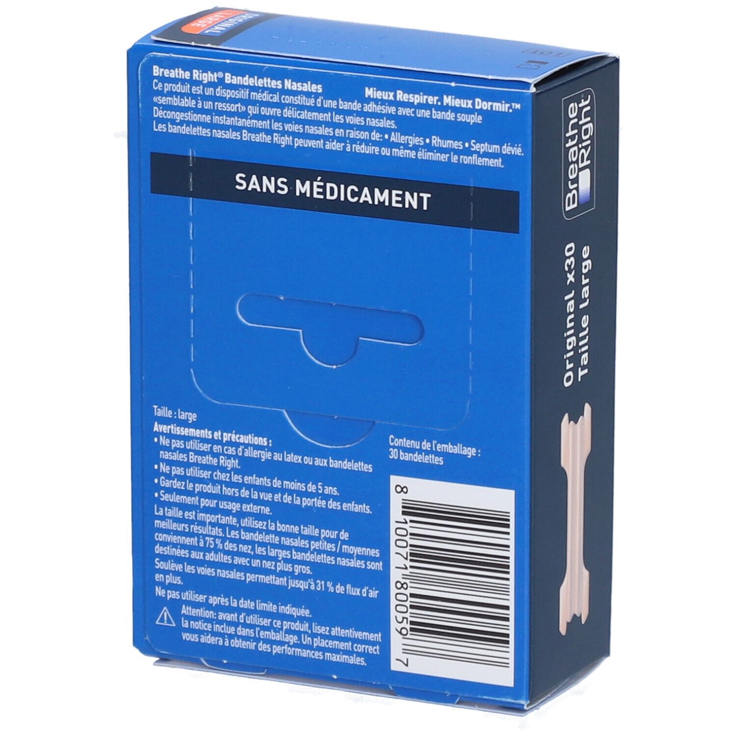 BREATHE RIGHT ORIGINAL - Bandelette nasale adhésive, nez congestionné.  - bt 30