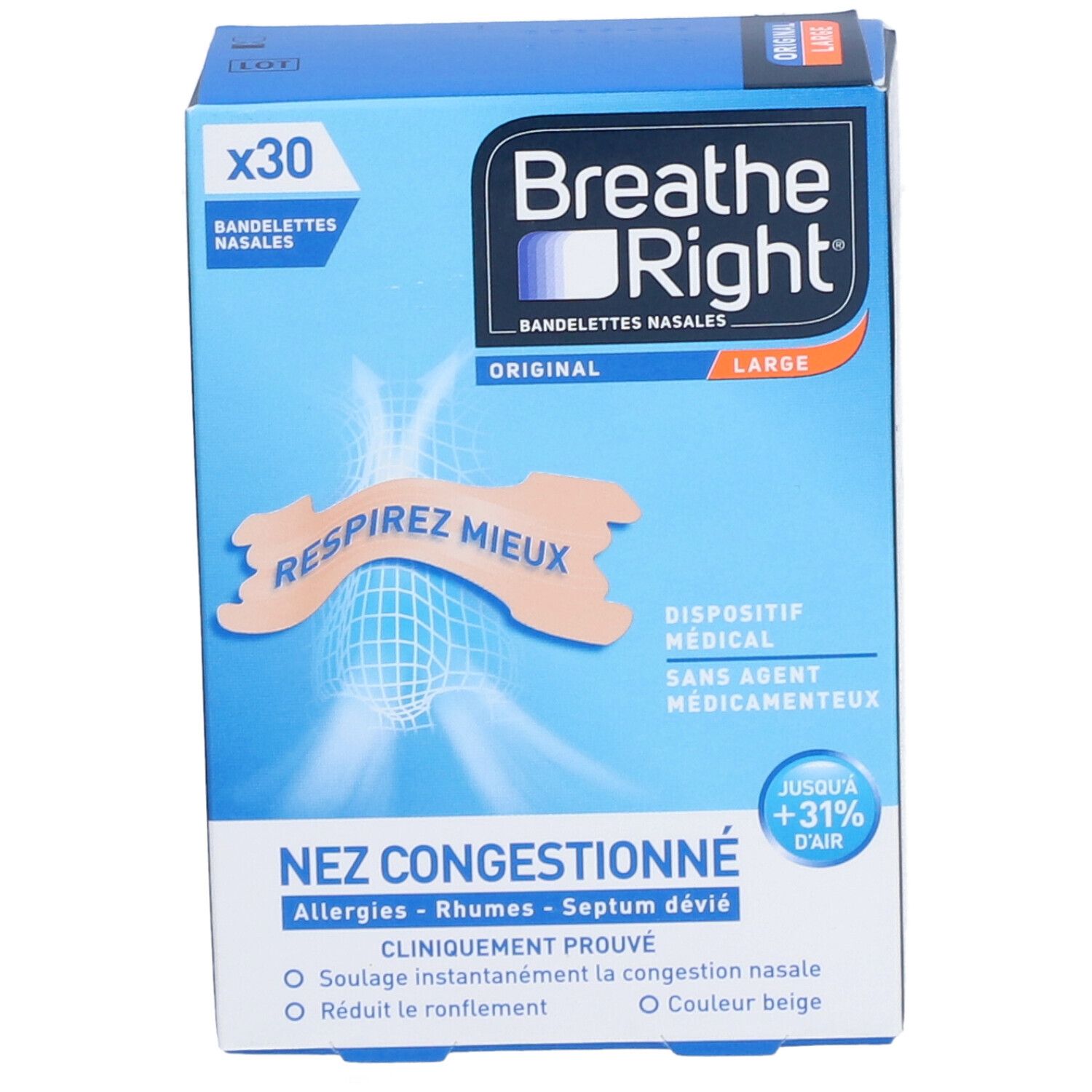 BREATHE RIGHT ORIGINAL - Bandelette nasale adhésive, nez congestionné.  - bt 30
