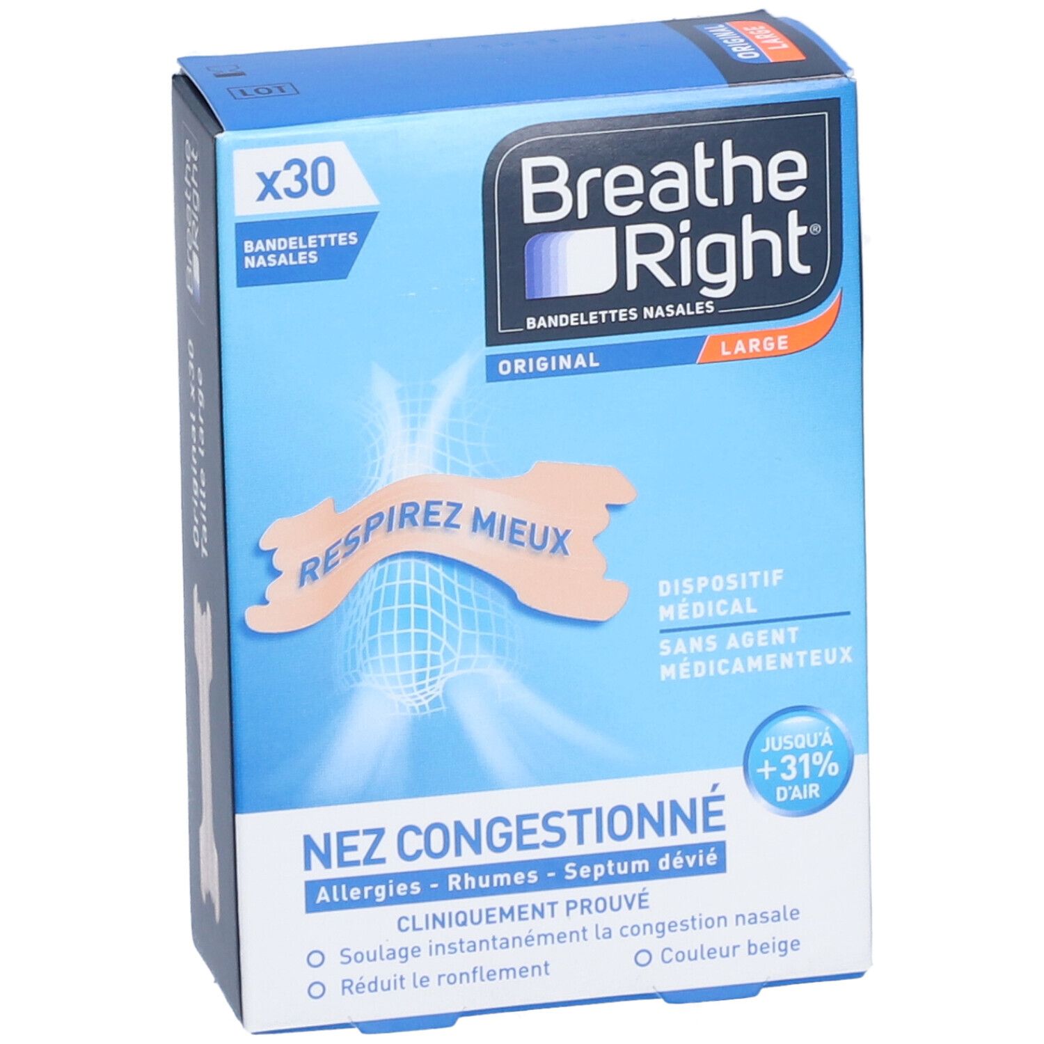 Boîte Breathe Right Original. Bleu, avec logo et texte. Montre une bandelette nasale. Pour la congestion nasale.