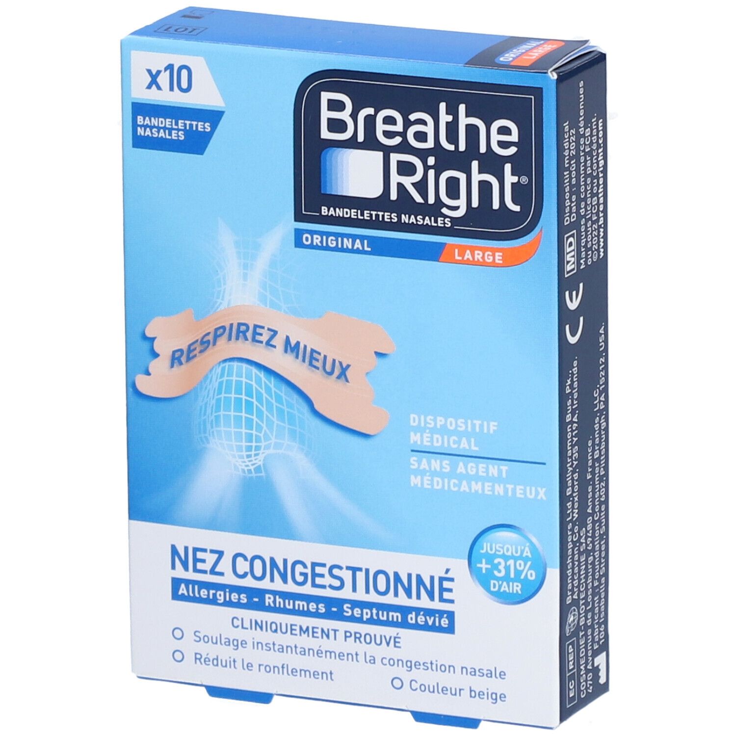 BREATHE RIGHT ORIGINAL - Bandelette nasale adhésive, nez congestionné.  - bt 10
