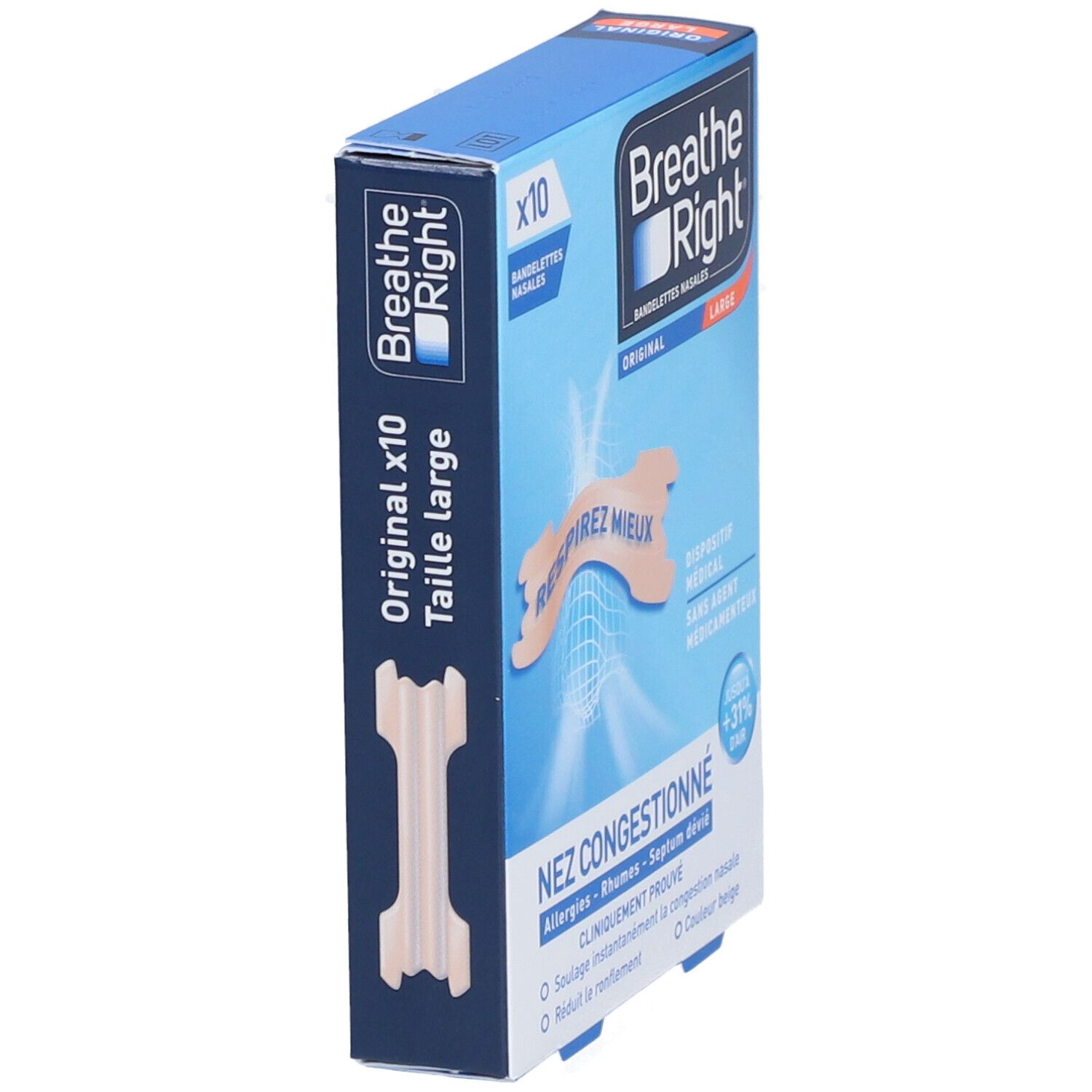 BREATHE RIGHT ORIGINAL - Bandelette nasale adhésive, nez congestionné.  - bt 10