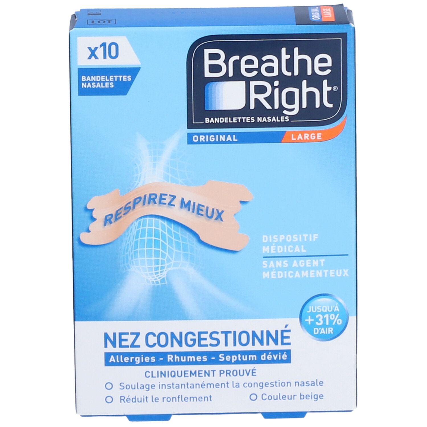 BREATHE RIGHT ORIGINAL - Bandelette nasale adhésive, nez congestionné.  - bt 10