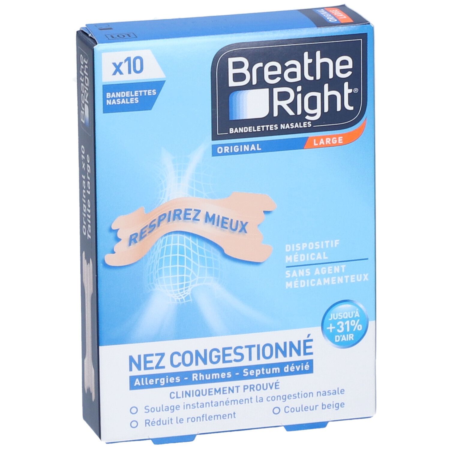 BREATHE RIGHT ORIGINAL - Bandelette nasale adhésive, nez congestionné.  - bt 10