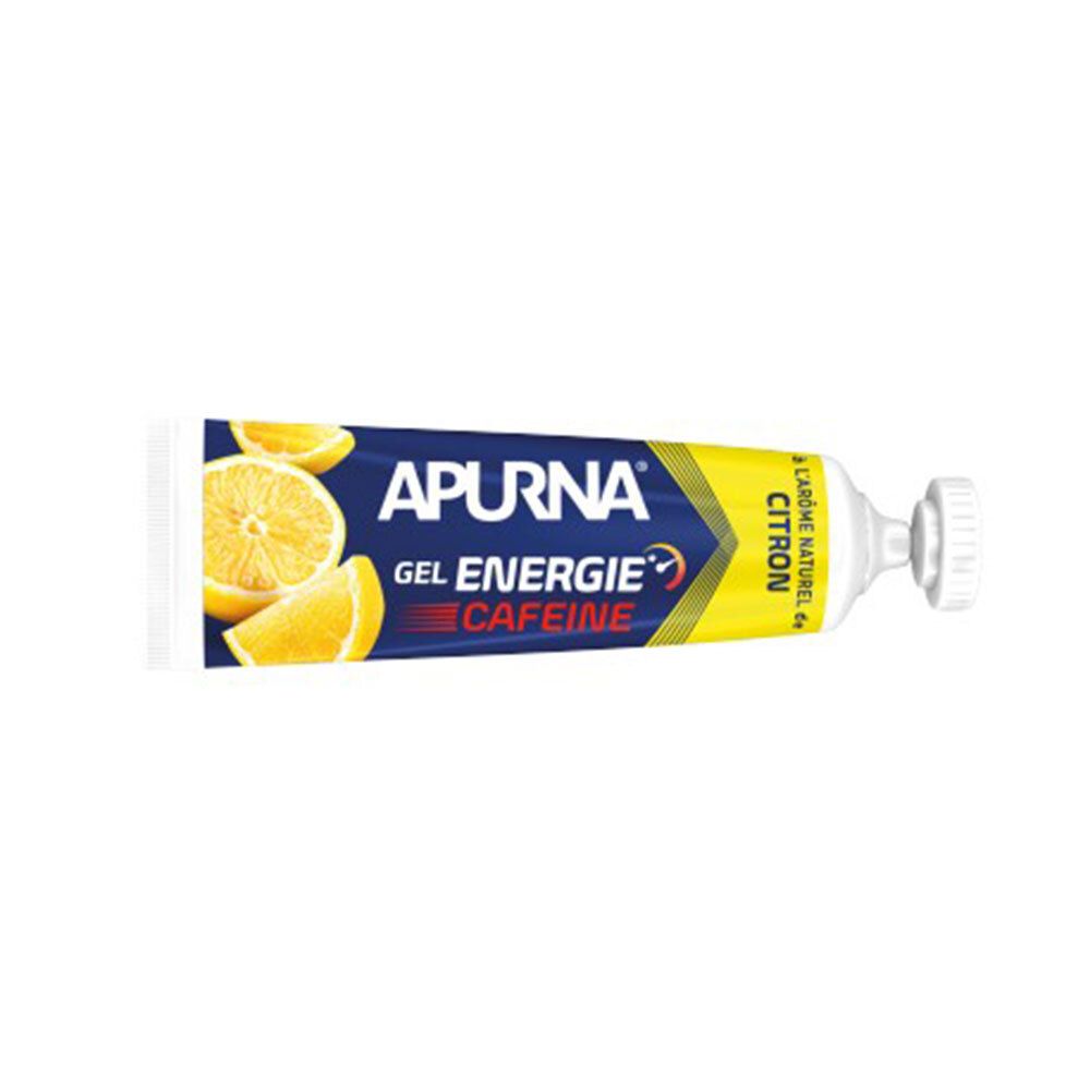 Tube de gel APURNA GEL ENERGIE CAFEINE, saveur citron. Design jaune et bleu avec des tranches de citron. Bouchon à vis.
