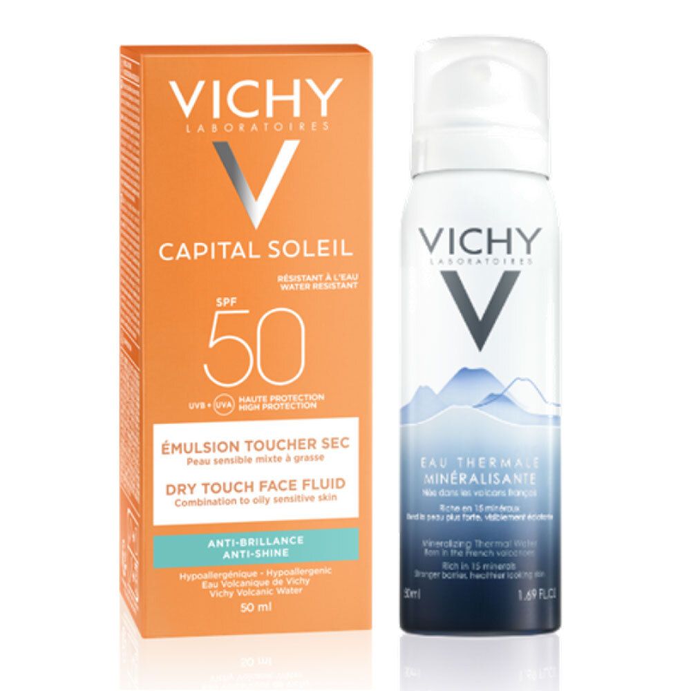 Vichy Capital Soleil Emulsion Toucher Sec SPF 50 et spray d'eau thermale. Emballage orange, spray blanc. Texte : SPF 50, anti-brillance.