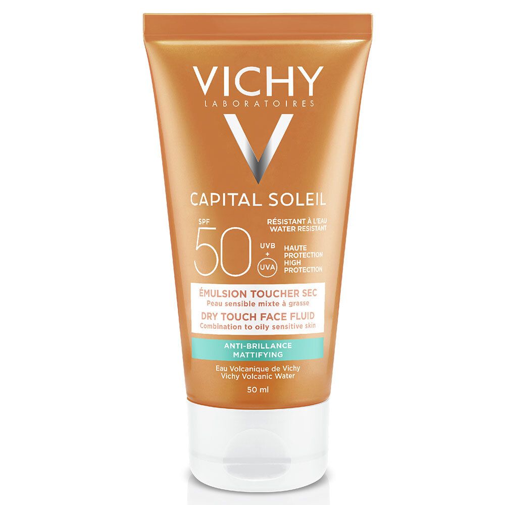 Tube Vichy Capital Soleil Emulsion Toucher Sec SPF 50. Tube orange avec bouchon blanc. Texte : SPF 50, pour peaux mixtes à grasses.