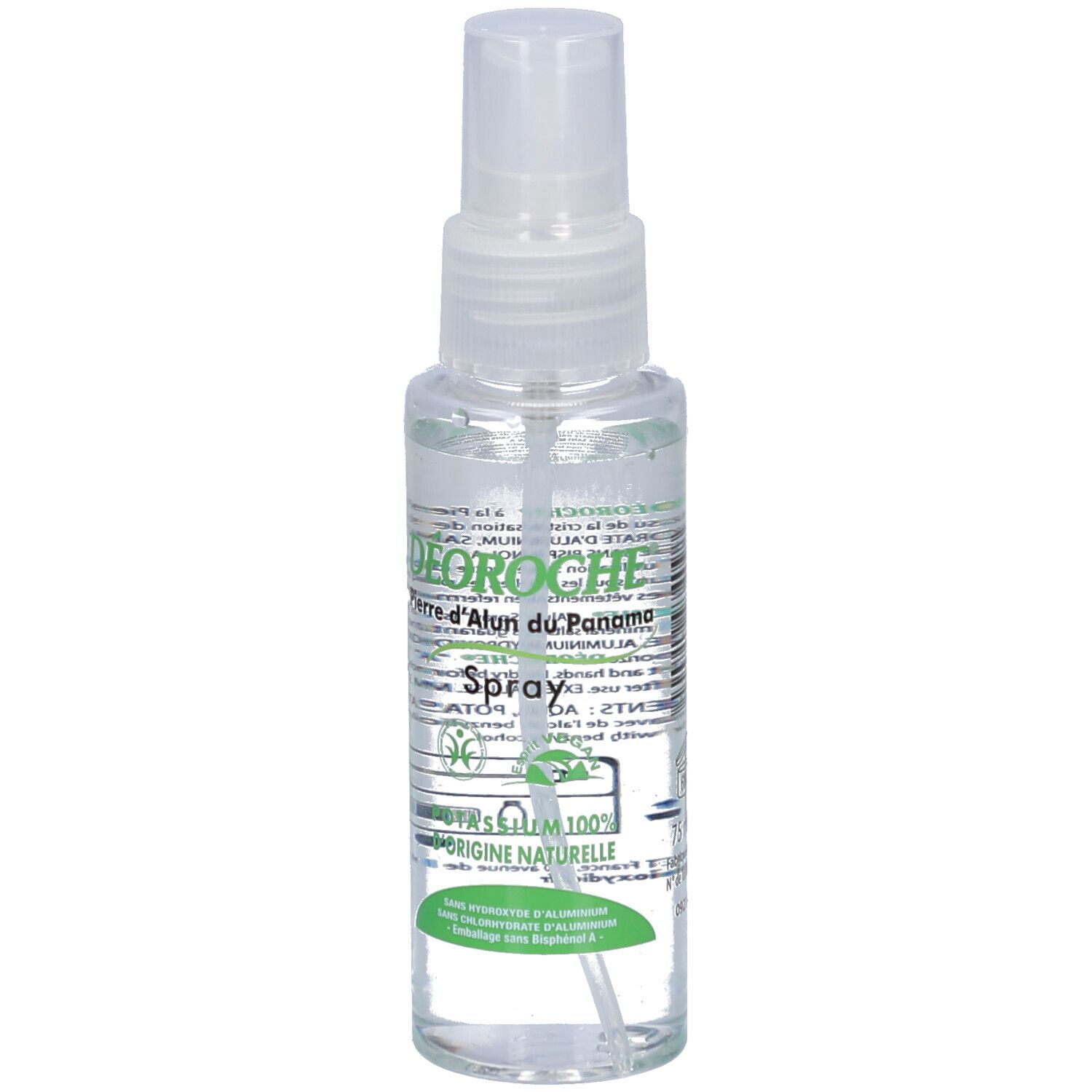 Flacon spray transparent avec tête blanche. Inscription: Déoroche Pierre d'Alun du Panama Spray. Étiquettes vertes.