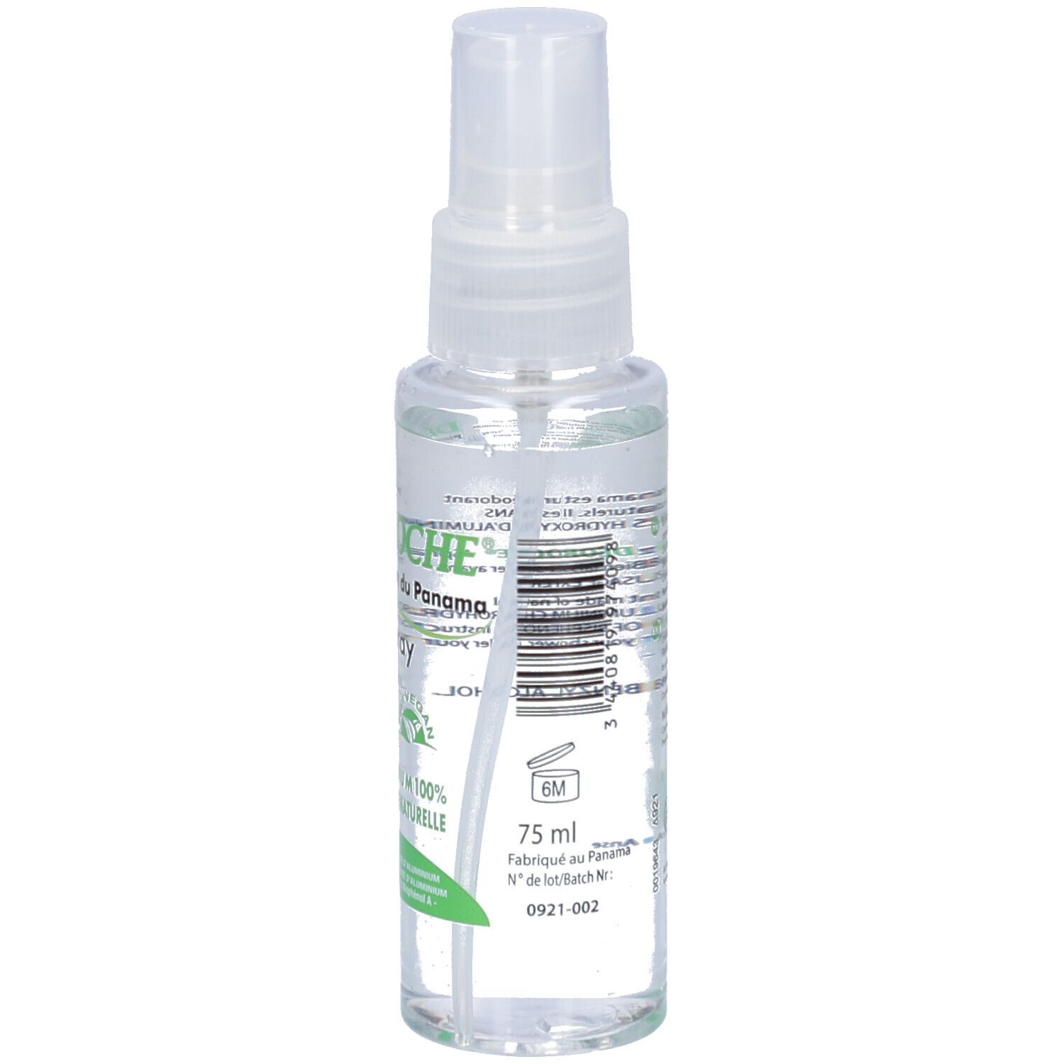 Flacon spray transparent avec tête blanche. Inscription: Déoroche Pierre d'Alun du Panama. 75 ml.