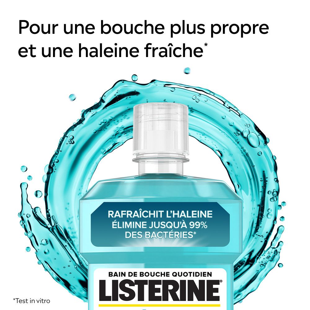 Bain de bouche Listerine Fraîcheur Intense. Gros plan sur le col du flacon avec effet eau. Texte : "Rafraîchit l'haleine".