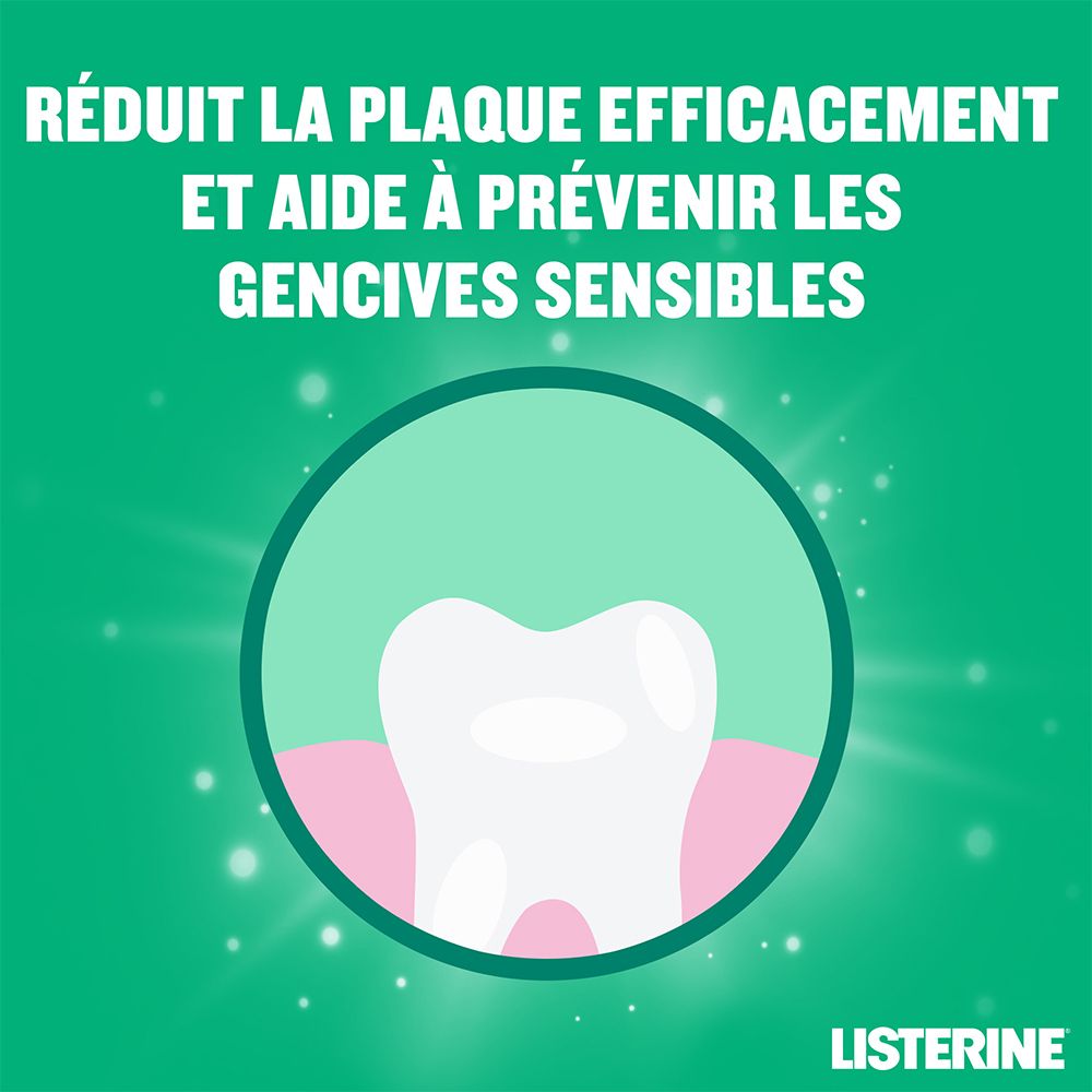 Graphique: dent et gencive dans un cercle. Texte: Réduit la plaque efficacement et aide à prévenir les gencives sensibles. Marque: LISTERINE.