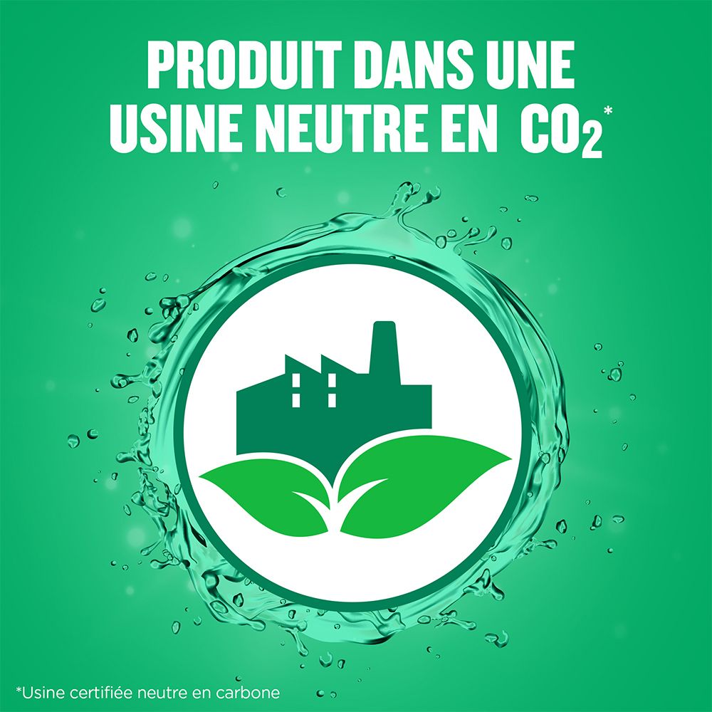 Graphique: usine dans un cercle avec des feuilles. Texte: Produit dans une usine neutre en CO2. Note de bas de page: Usine certifiée neutre en carbone.