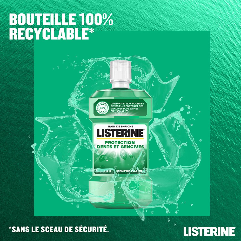 Bouteille de bain de bouche sur fond vert avec effet eau. Texte: Bouteille 100% recyclable. Note de bas de page: Sans le sceau de sécurité. Marque: LISTERINE.