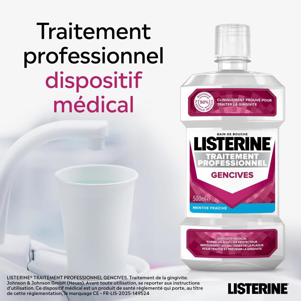 Flacon de bain de bouche à côté d'un gobelet et d'un robinet. Texte : Traitement professionnel, dispositif médical. Logo Listerine.