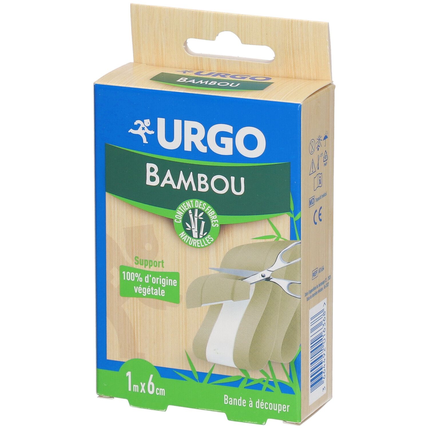 Boîte URGO Bambou Pansement, 1 m x 6 cm. Inscriptions: URGO, Bambou, 100% d'origine végétale, ciseaux, logo FSC.