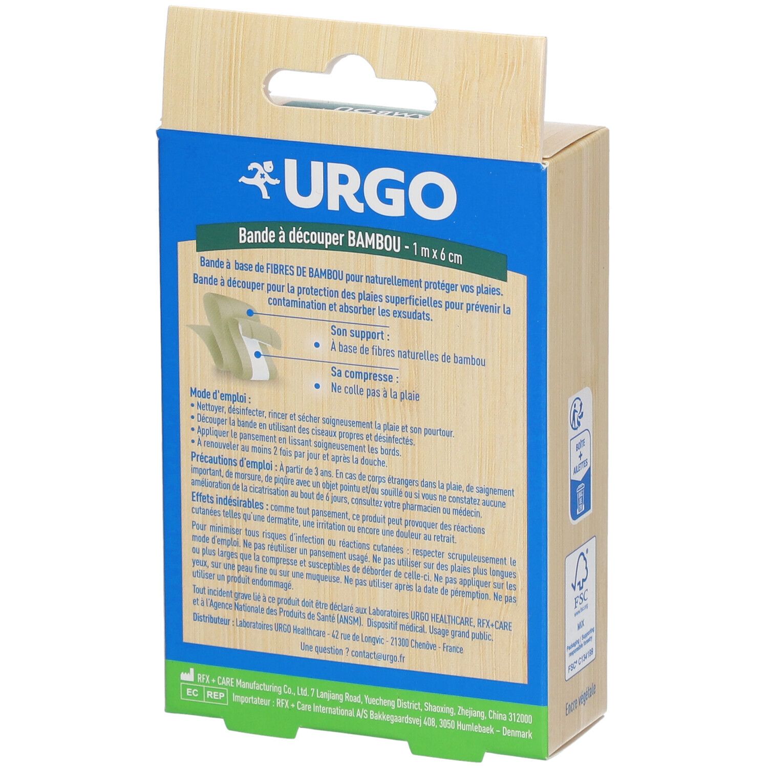 Dos de la boîte URGO Bambou Pansement. Texte: URGO, Bambou, 1 m x 6 cm, mode d'emploi, ingrédients, logo FSC.