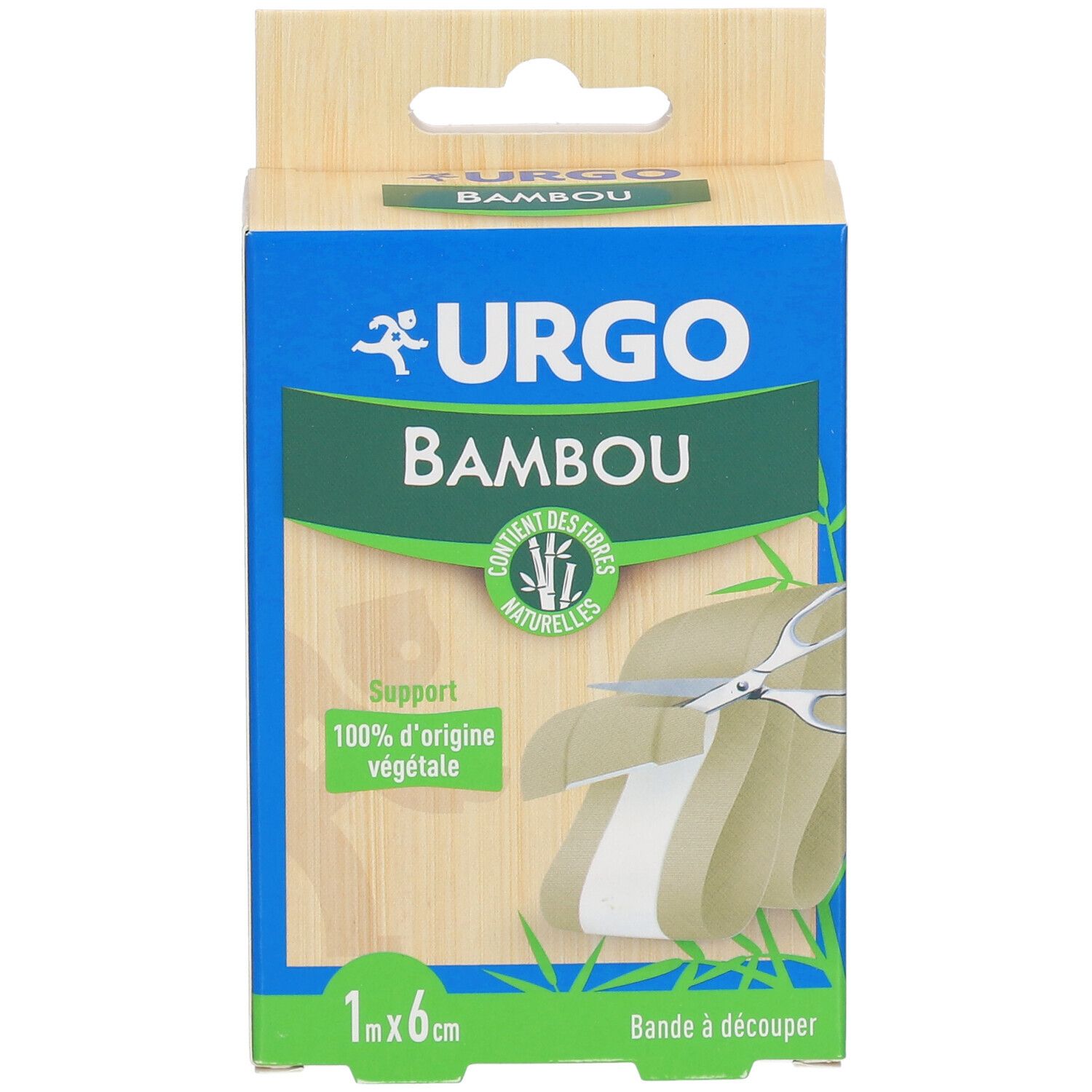 Boîte URGO Bambou Pansement, 1 m x 6 cm. Inscriptions: URGO, Bambou, 100% d'origine végétale, ciseaux.