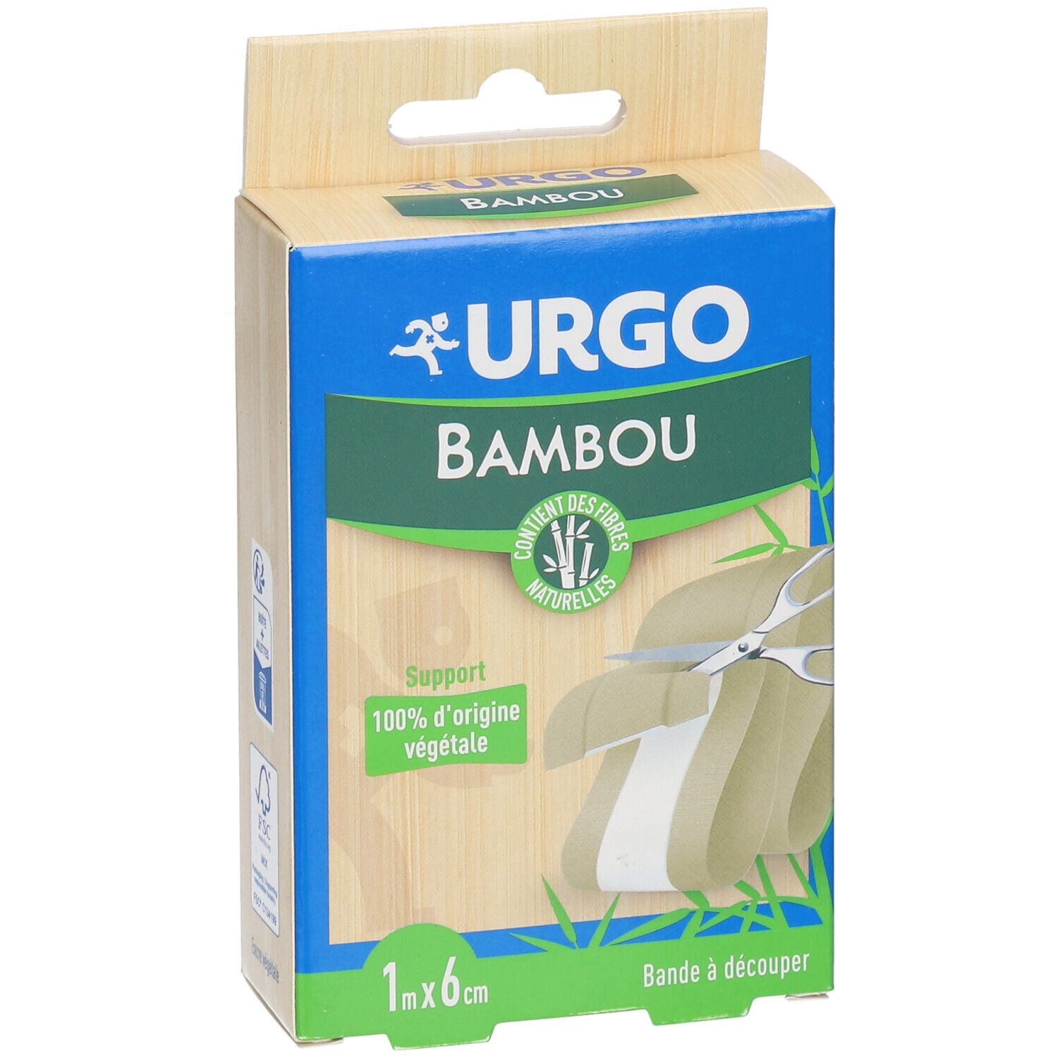 Boîte URGO Bambou Pansement, 1 m x 6 cm. Inscriptions: URGO, Bambou, 100% d'origine végétale, ciseaux.