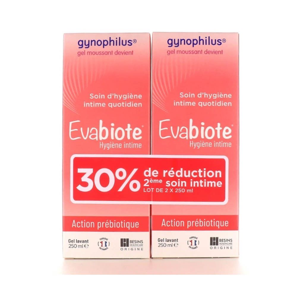 Deux boîtes de gel d'hygiène intime Evabiote, avec 30% de réduction sur la 2ème boîte. Action prébiotique.