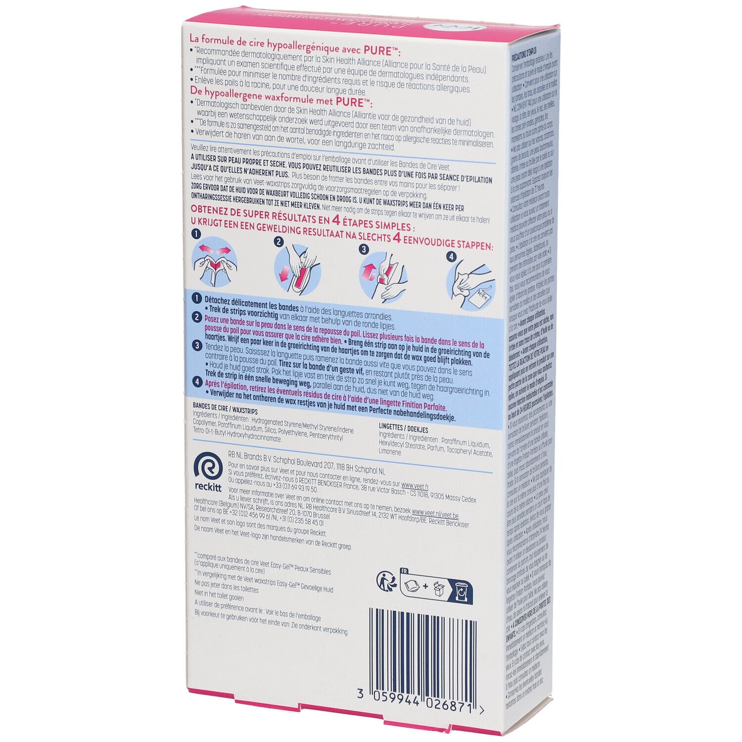 Dos de la boîte Veet Pure Bandes de Cire Froid. Informations textuelles, instructions d'utilisation et ingrédients. Fond blanc.